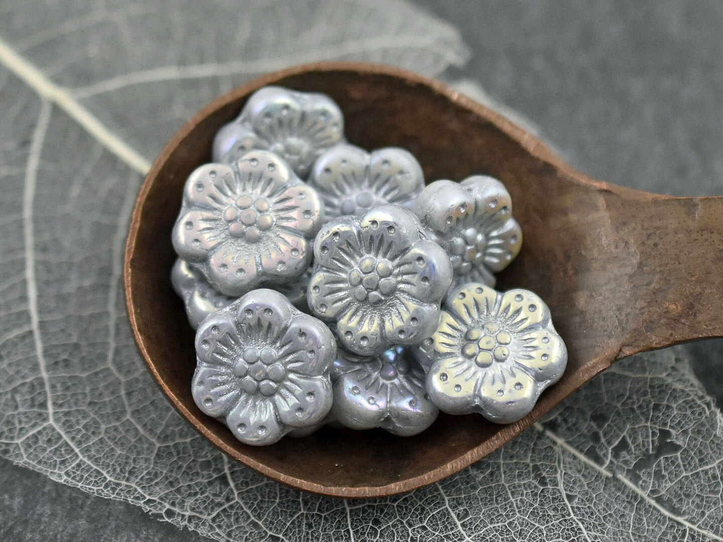 *12* 14mm Grey Washed Opaque Grey AB Wildflower Beads