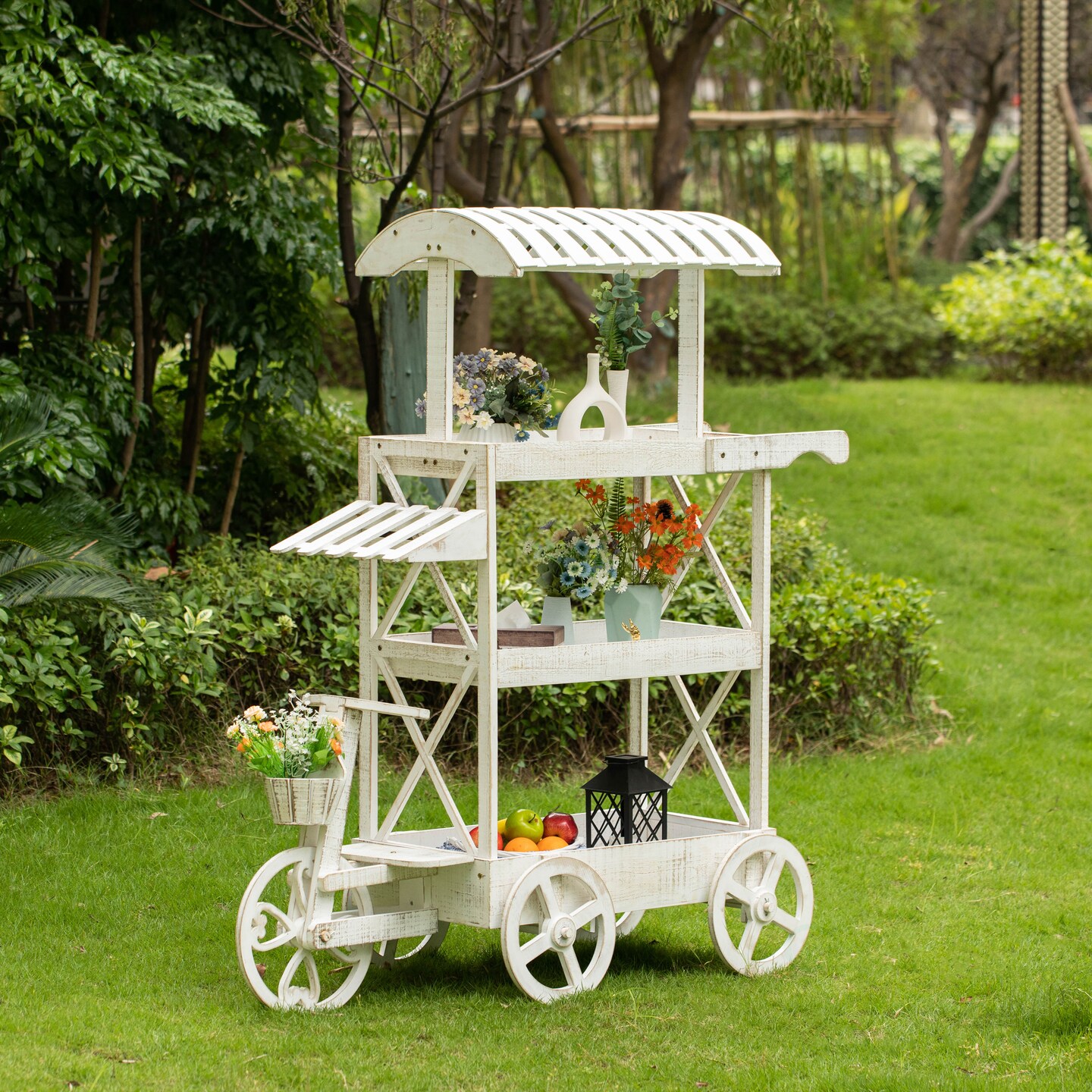White Wood Decor Display Rack Mobile Food Cart with Wheels 3 Tier for Display, Wood Wagon with Shelves for Food and More