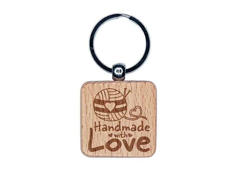 Handmade With Love Knitting Yarn Engraved Wood Square Keychain Tag Charm
