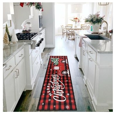 Christmas Runner Rug 2x6 Non Slip Low Pile Christmas Rug Truck in Red Christmas Tree Red and Black Buffalo Checker Plaid Xmas Carpet Floor Mat for Entryway Hallway Kitchen Bedroom
