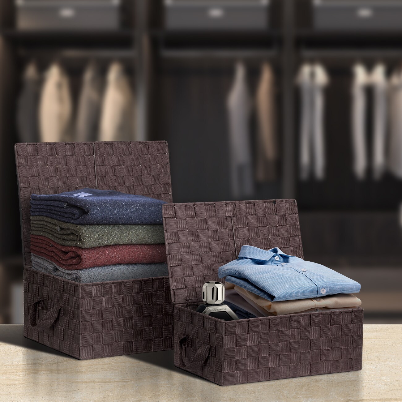 Sorbus Woven Basket Bin Set - Shelf Storage Tote Baskets for Household Items - Stackable with lid, Woven Straps and built-in Carry Handles (3 Pack)