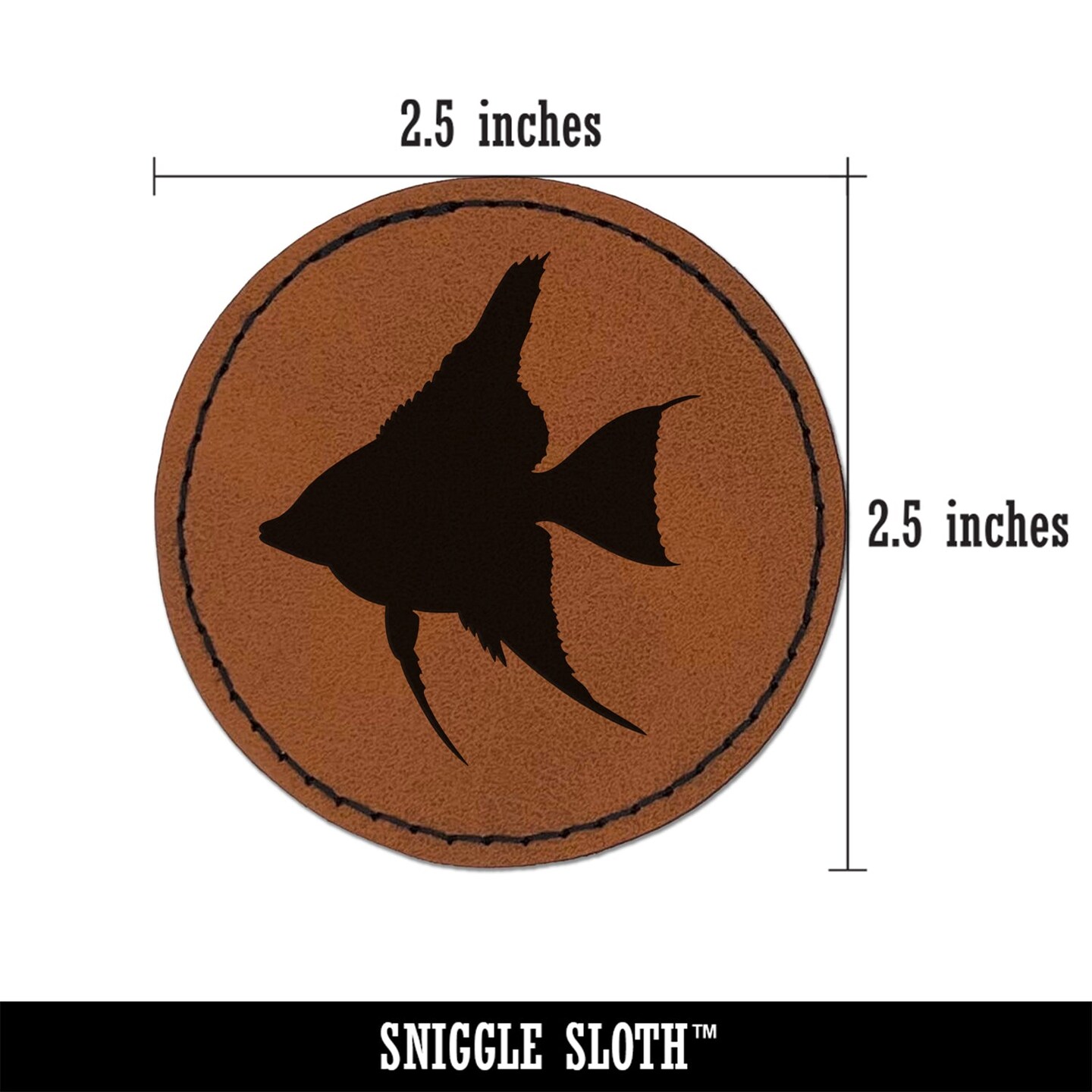 Freshwater Angelfish Fish Silhouette Round Iron-On Engraved Faux Leather Patch Applique - 2.5&#x22;