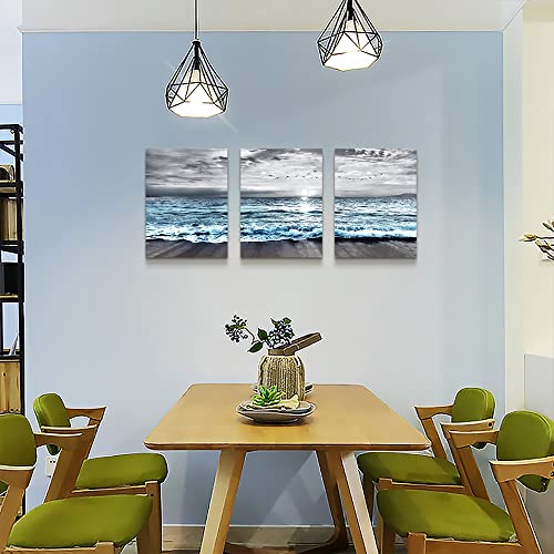 3 Piece Wall Decorations For Living Room Framed Canvas Wall Art For Bedroom Office Wall Decor Black And White Wall Painting Blue Ocean Sea Wave Pictures Artwork For Modern Beach Posters Home Decor