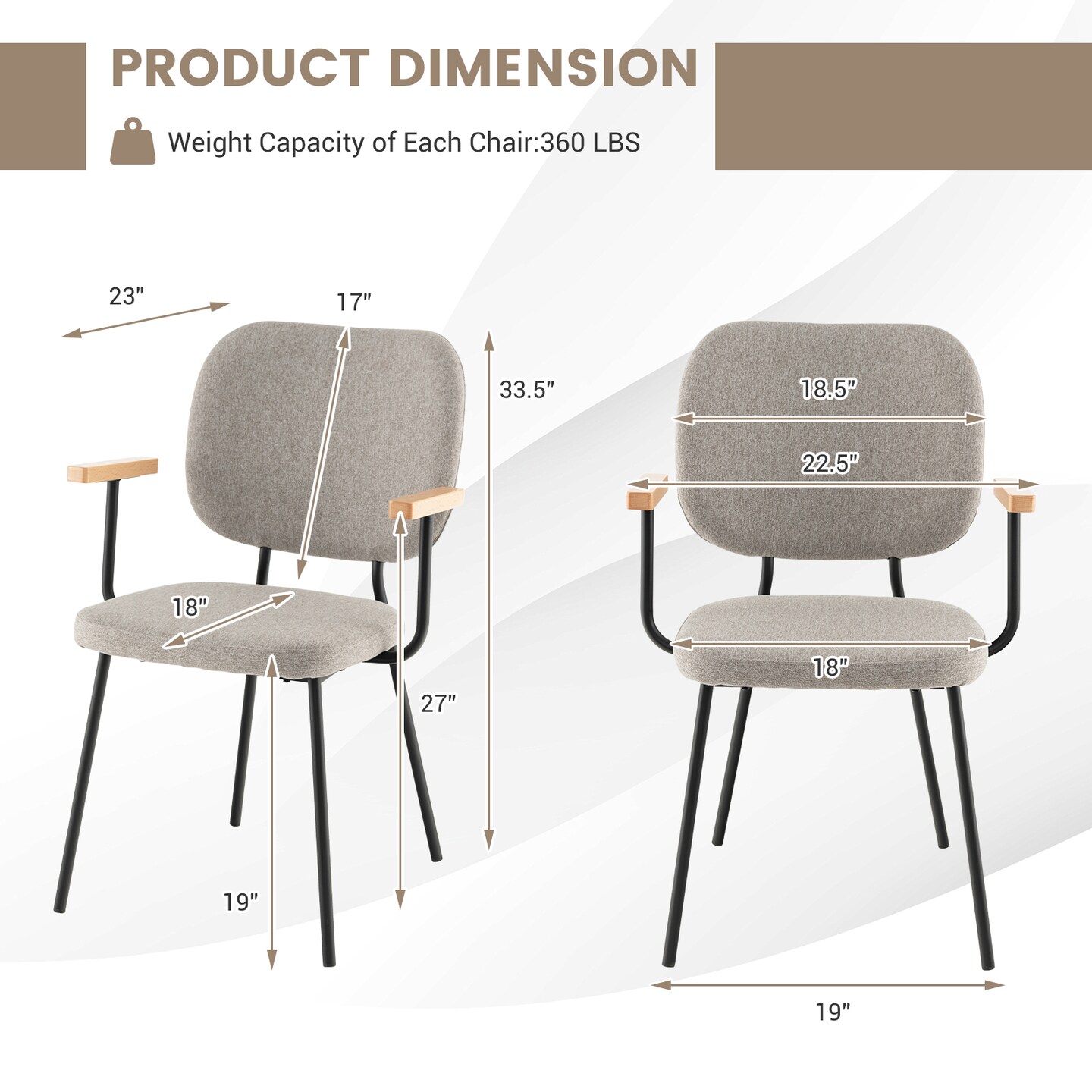 Set of 2 Modern Fabric Dining Chairs with Armrest and Curved Backrest