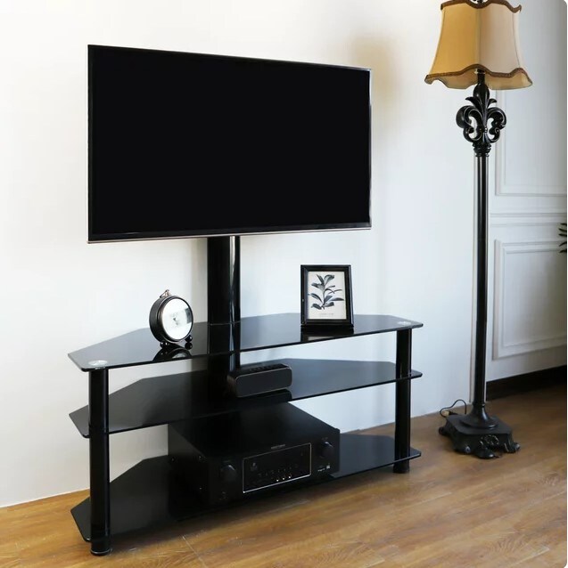 Black Modern Glass Floor TV Stand for TVs