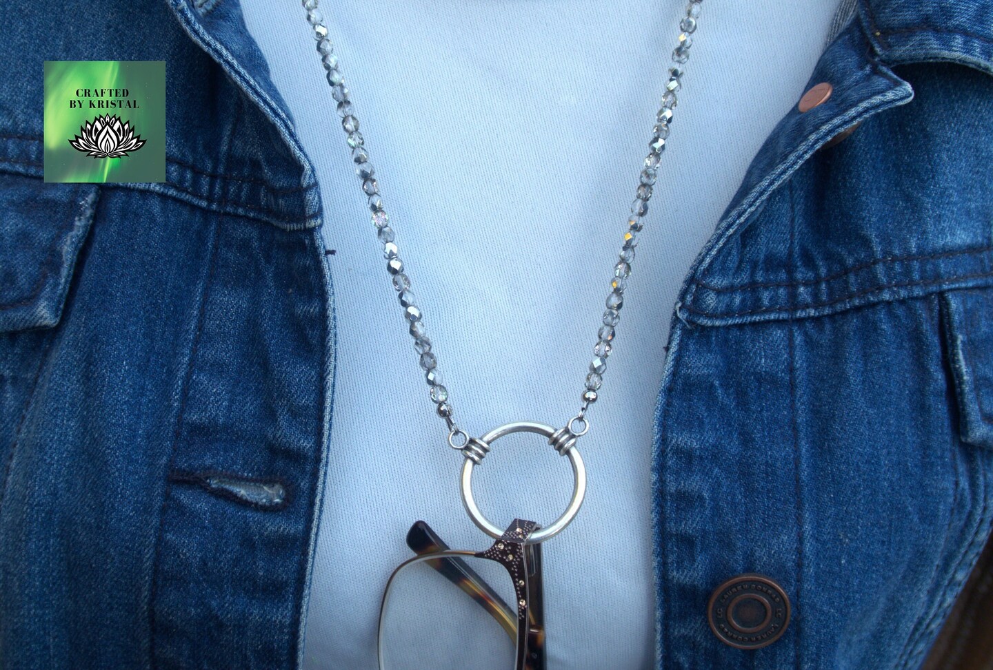 Sparkling Silver Eyeglass Chain, Beaded Eyeglass Holder