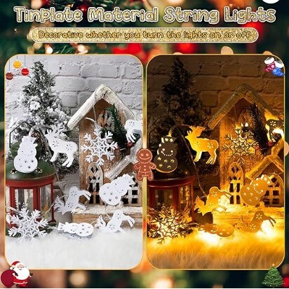 Metal Christmas String Lights 6 FT 10 LED Battery Operated Fairy Decor Hanging Lights for Christmas Xmas Tree Room Party, Warm White Christmas Snowflake Snowman Deer Pattern Light