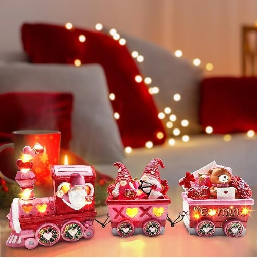Valentines Day Decorations for Home Indoor, LED Valentines Gnome Train Decor for Tabletop Figurines, Valentines Day Centerpieces Decorations Outdoor Party Home Light Up Decorations Table Top Pink