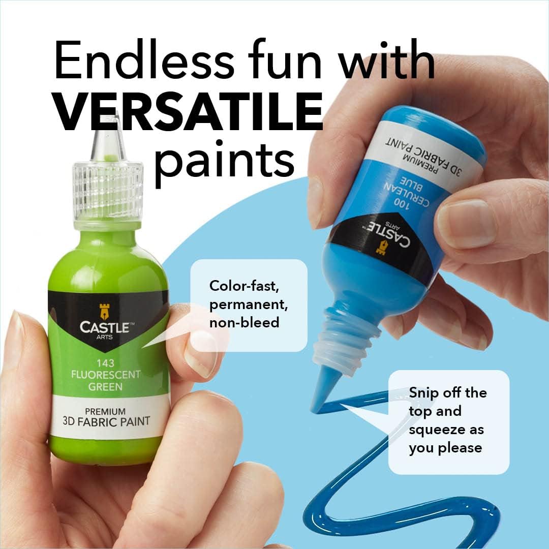 24 Quality Vibrant Colors 3D Fabric Paint Set |  29ml Bottles | For Artists; For Crafters; For Fun | Clothing, Textile, Canvas, Glass, Wood, Shoes | In Strong Selection Box