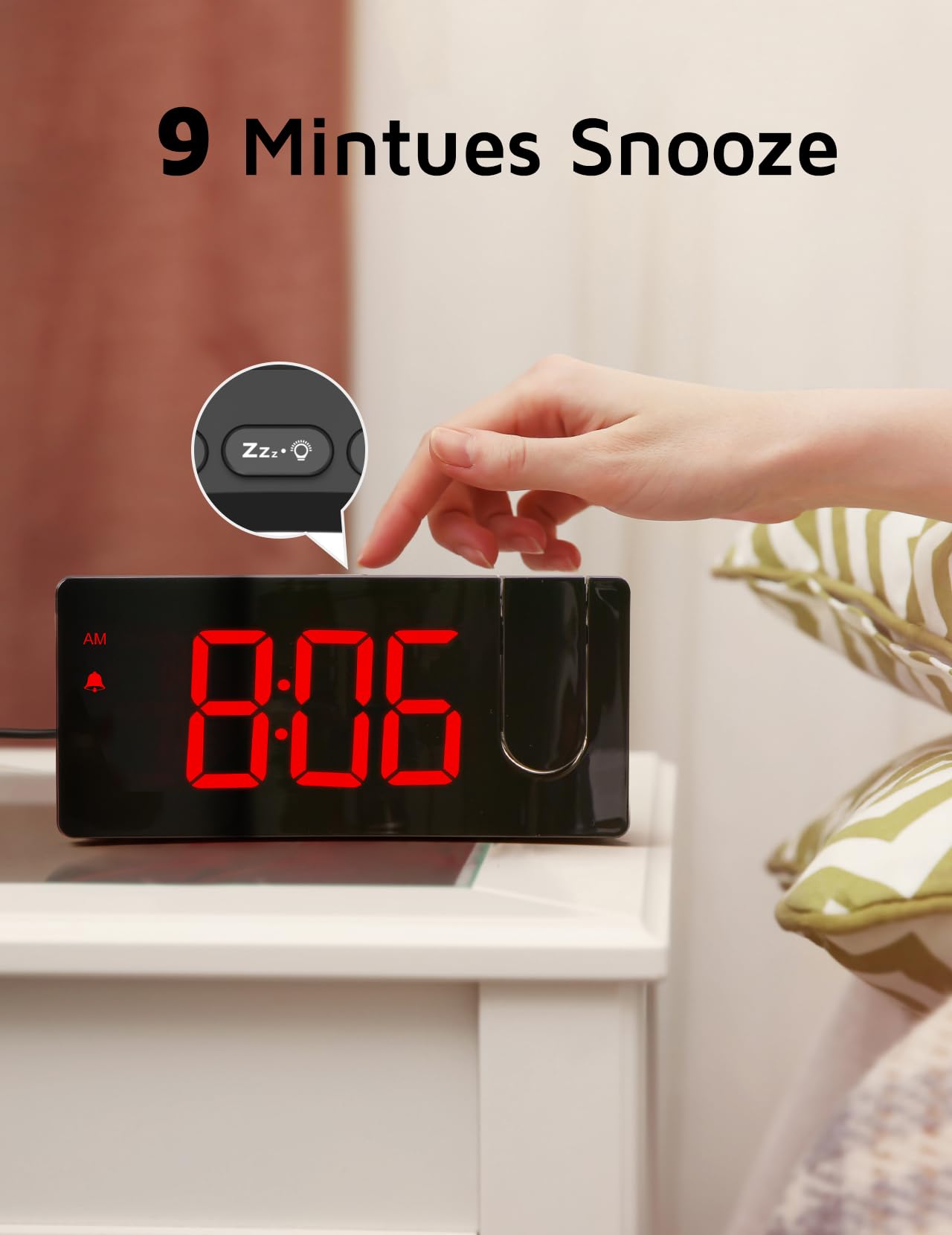 Digital Clock with 180° Rotatable Projector, 3-Level Brightness Dimmer, Clear LED Display, USB Charger, Progressive Volume, 9mins Snooze,12/24H, for Bedroom