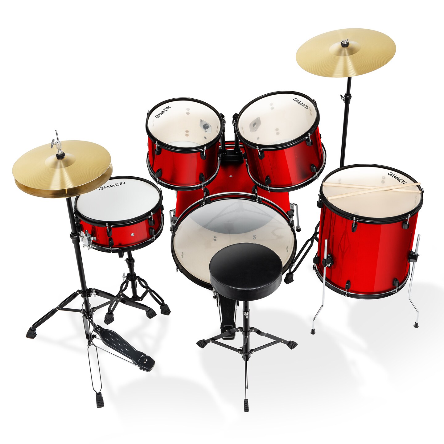 Gammon Percussion Full Size Complete Adult 5-Piece Drum Set with Cymbals, Stands, Stool, and Sticks