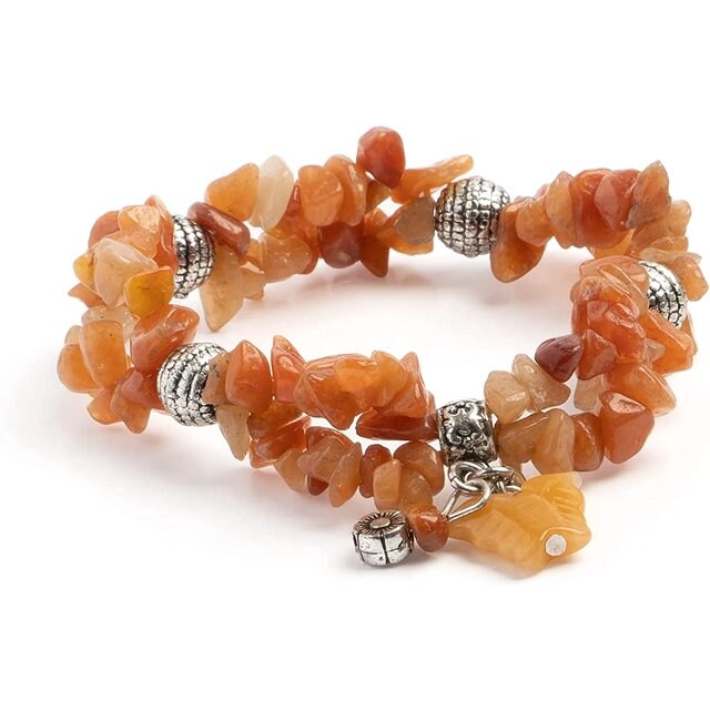 Earth&#x27;s Jewels Semi-Precious Peach Aventurine Orange 2-Strand Chips Bracelet, Butterfly Charm