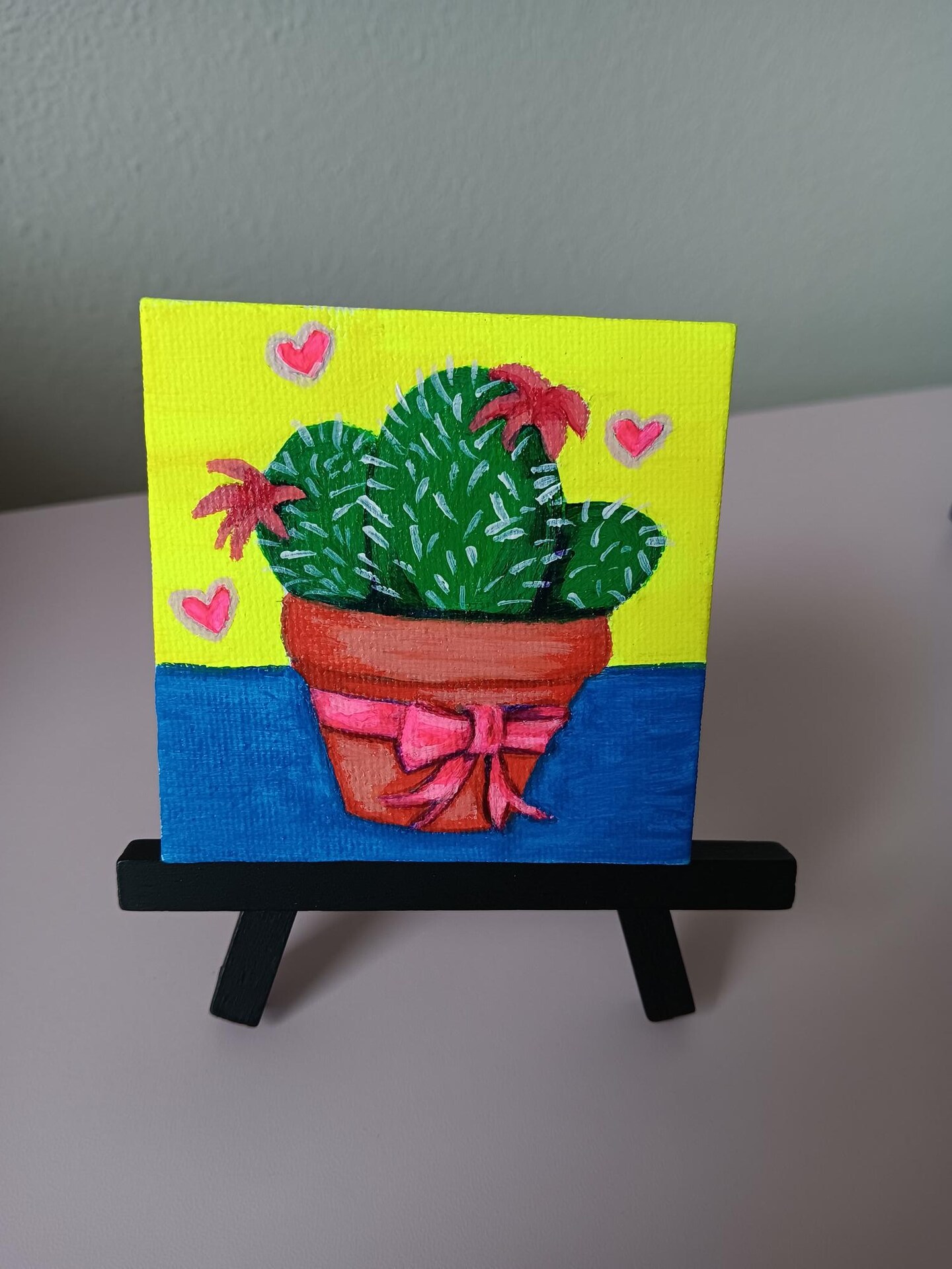 Colorful tiny cactus painting on canvas with easel, western home decor