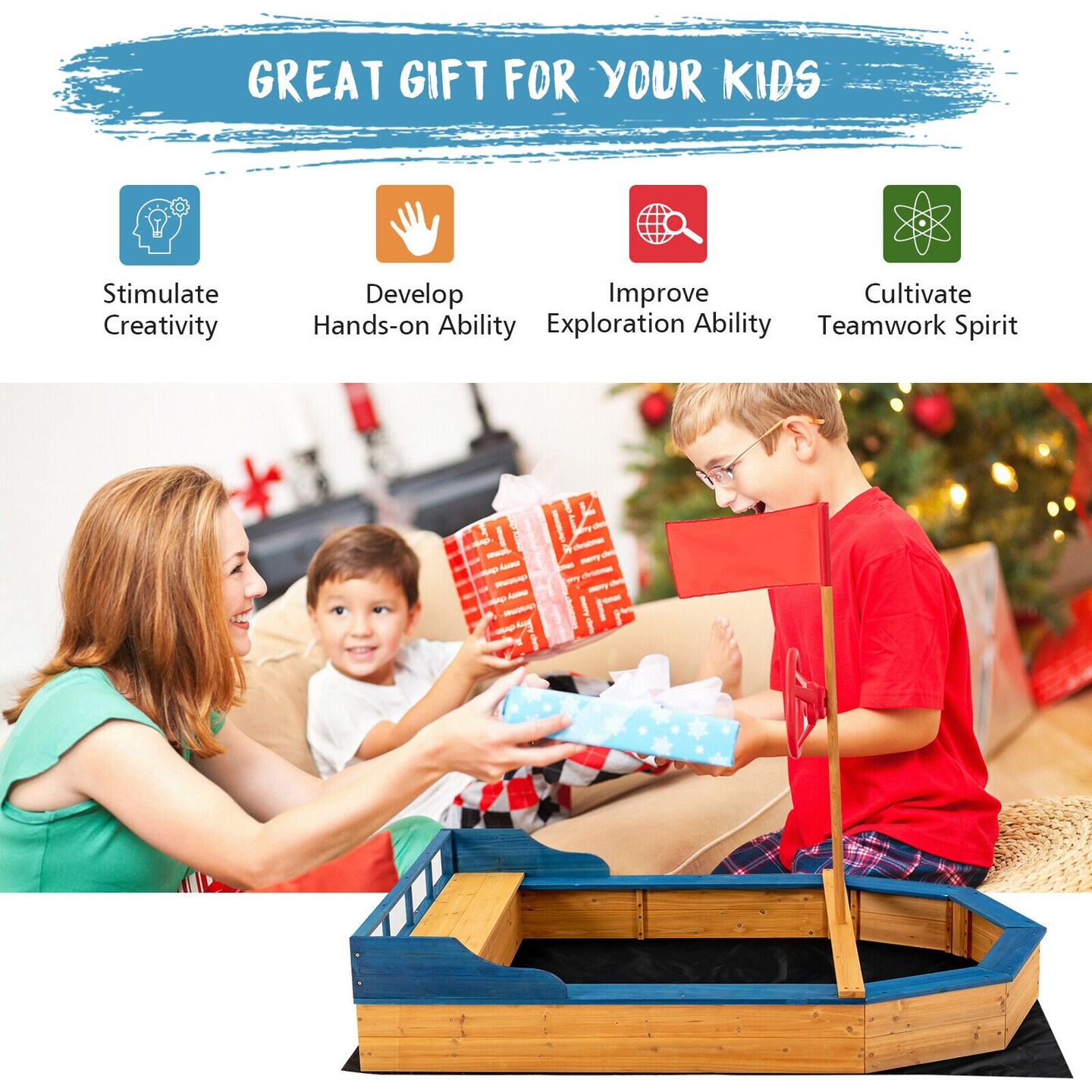 Kids&#x27; Pirate Boat Sandbox with Flag and Rudder