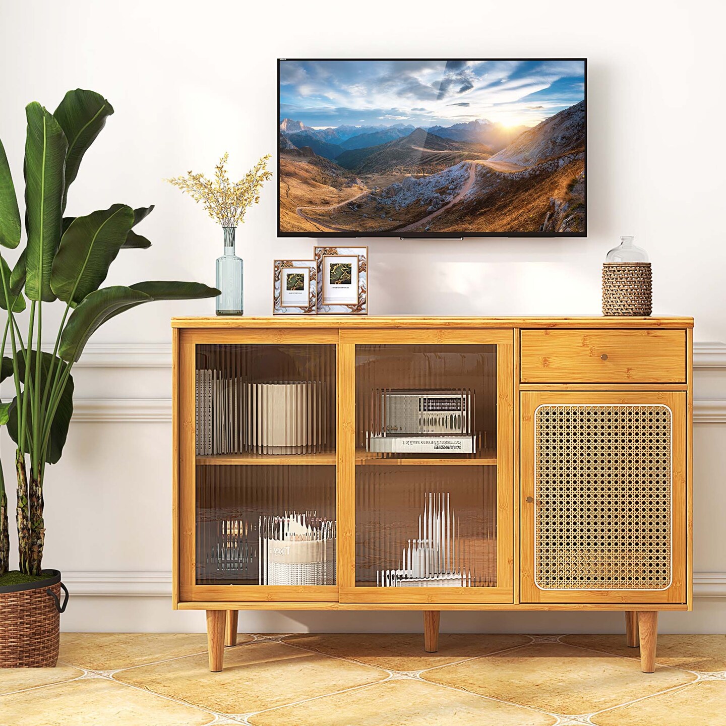 Costway Buffet Sideboard Cabinet Rattan Console Table with Sliding Doors Storage Drawer
