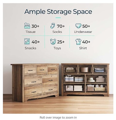 Double dresser with seven drawers, ideal for a bedroom; wide drawers, mid-century modern dresser chest; wood storage chest of drawers for living room
