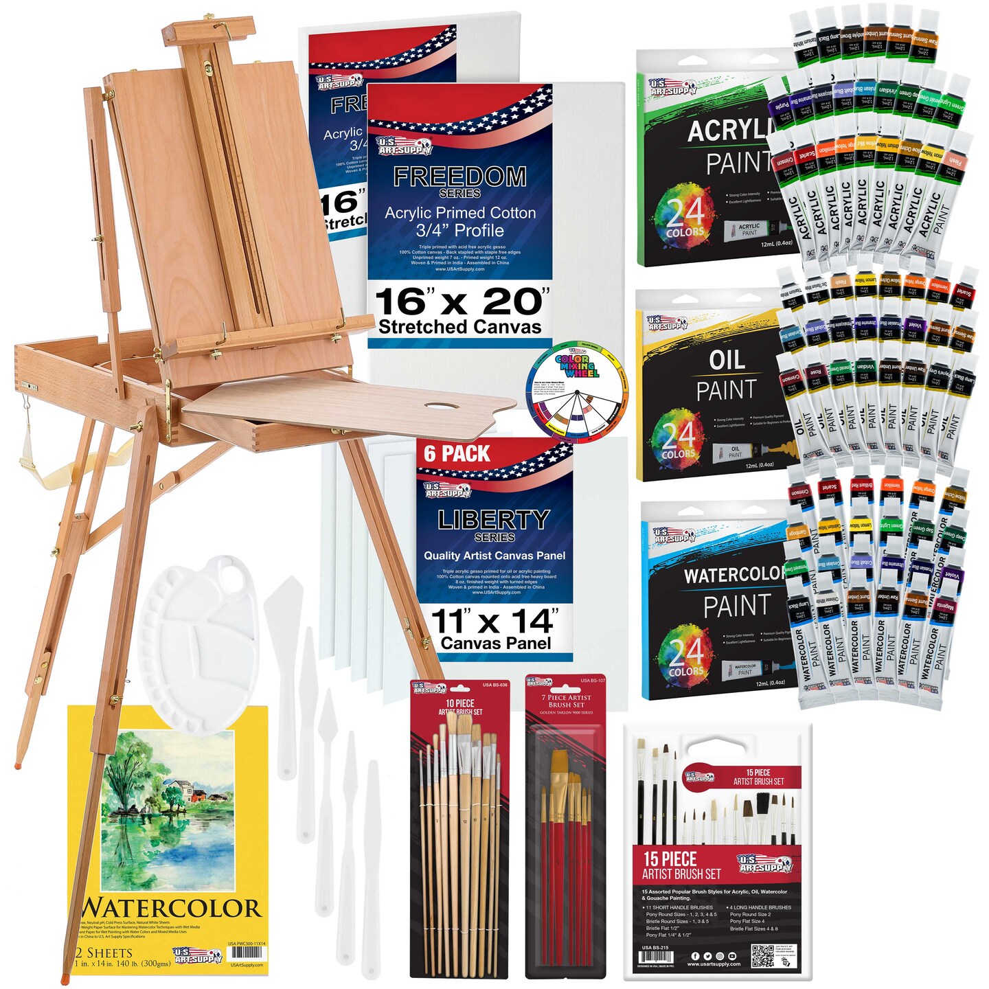  U.S. Art Supply 70-Piece Artist Watercolor Painting Set with  Aluminum Field Easel, Wood Table Easel, 60 Watercolor Paint Colors, 34  Brushes, 2 Stretched Canvases, 6 Canvas Panels, 3 Paper Painting Pad