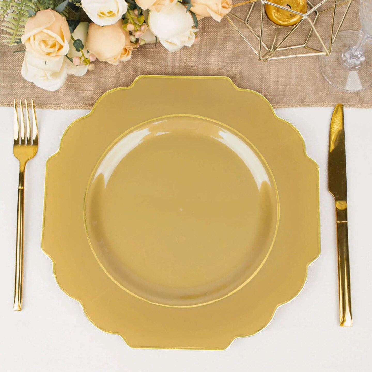 10 Pcs 12" Disposable Baroque Plastic Dinner Plates with Gold Rim