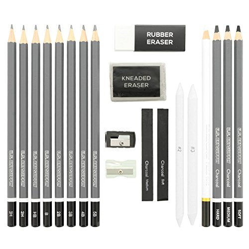 U.S. Art Supply 20 Piece Professional Hi-Quality Artist Sketch Set in Hard Storage Case - Sketch &#x26; Charcoal Pencils, Pastel, Stumps, Eraser, Sharpeners