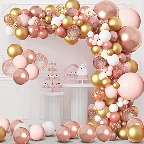 Rose Gold Balloons Garland Arch Kit, 154pcs Rose Gold Pink White Confetti Balloons for Women Girls Princess Engagement Bridal Shower Wedding Bachelorette Brithday Party Decoration&#x2026;