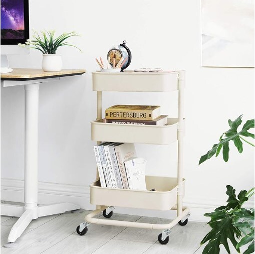 3-tier metal rolling cart, utility cart, kitchen cart with adjustable shelves, storage trolley with two brakes, easy assembly, for kitchen, office, bathroom, beige.