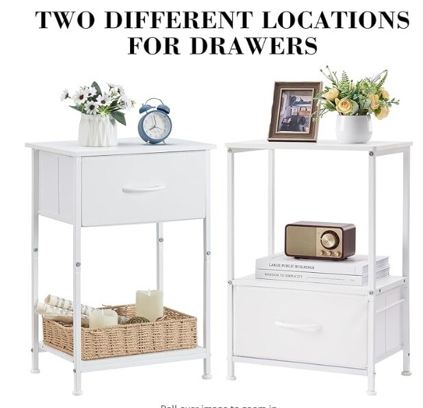 White Leather Nightstand, 24.6&#x27;&#x27; Height Bedside Table End Table for Bedroom Nursery Living Room - Removable Fabric Drawer, Open Storage Shelf, Sturdy Steel Frame, Durable Wood Top