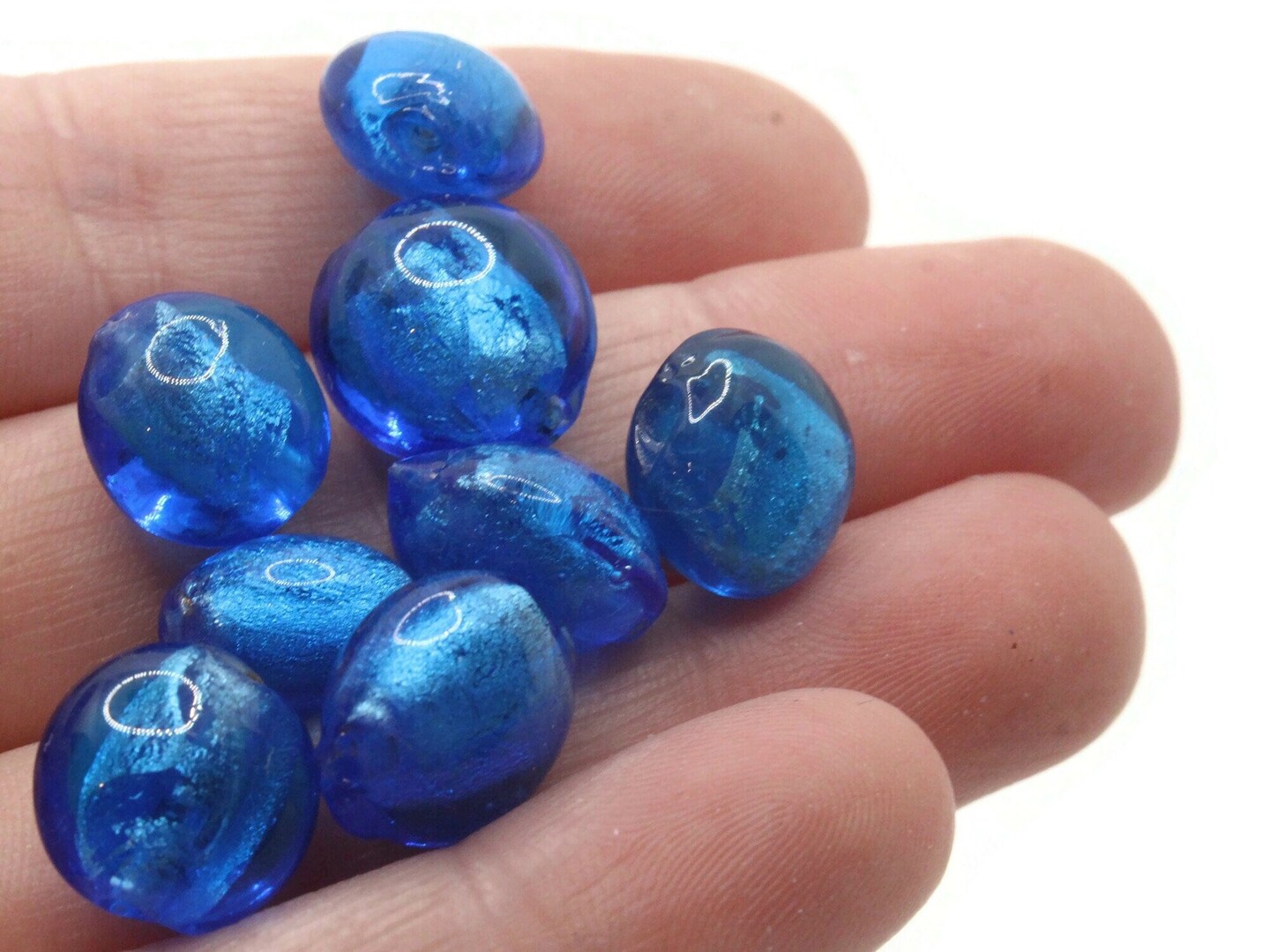 8 12mm Blue Lampwork Glass Puffed Coin Beads