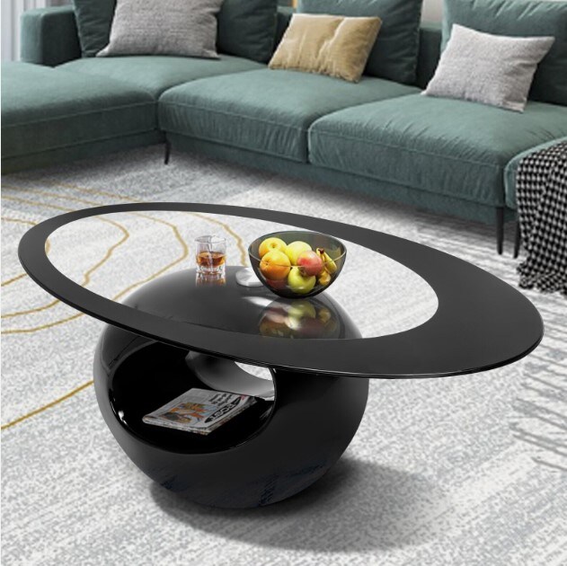Black/White High Gloss Coffee Table with Oval Glass Top and Hollow End Sides