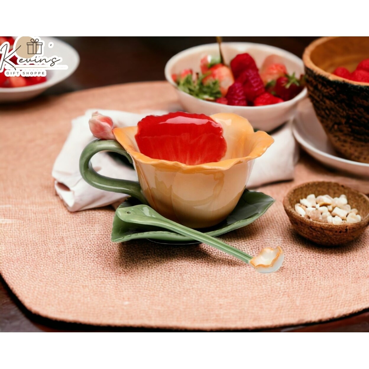 Ceramic Orchid Flower Cup and Saucer and Spoon-1 Set, Tea Coffee Teacup Mug