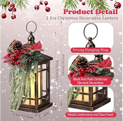 LED Christmas Lantern with Plaid Bow 14" Christmas Candle Lantern Flashing Candle Light Christmas Decorative Lanterns for Xmas Indoor Outdoor Party Decor (Bronze, Black Red Plaid, 2)