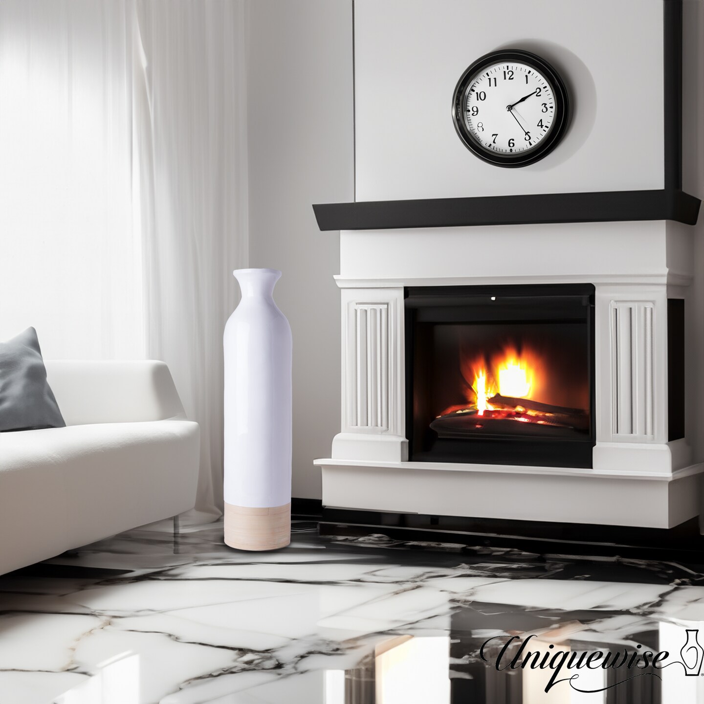 Elegant Black or White Cylinder Shaped Tall Spun Bamboo Floor Vases, Embellished with a Glossy Lacquer, and Enhanced with Natural Bamboo Finish - Stylish Home Decor, Heights of 31 and 23.5 Inches