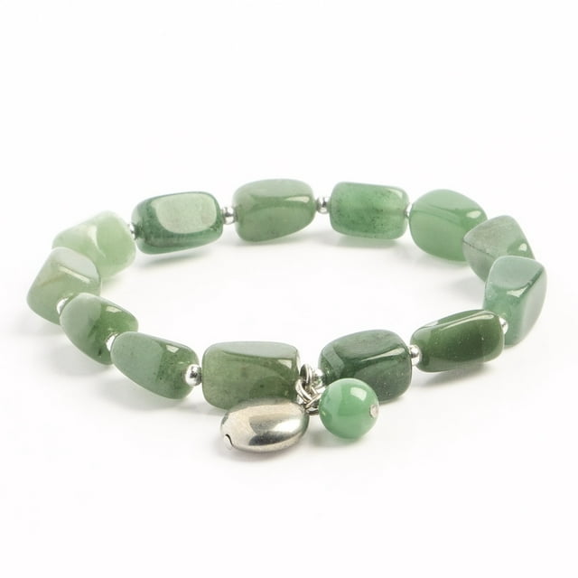 Earth&#x27;s Jewels Semi-Precious Aventurine Natural Green Gemstone Bracelet, Silver Round Charm