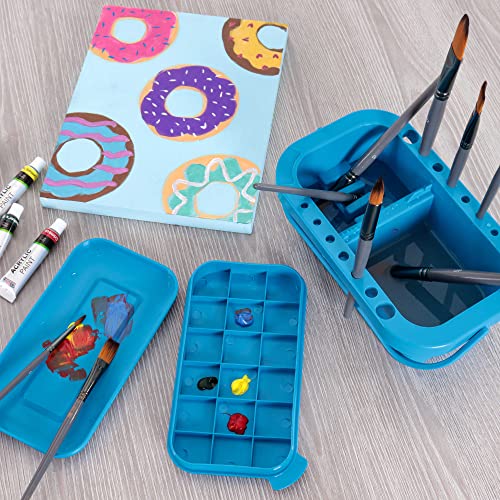 16 Hole Multi-Function Paint Brush Washer, Cleaner and Holder, 18 Palette Wells, Lid Plastic - Clean, Dry, Rest, Store, Hold Artist Brushes - Cleaning Acrylic, Watercolor, Oil Painting