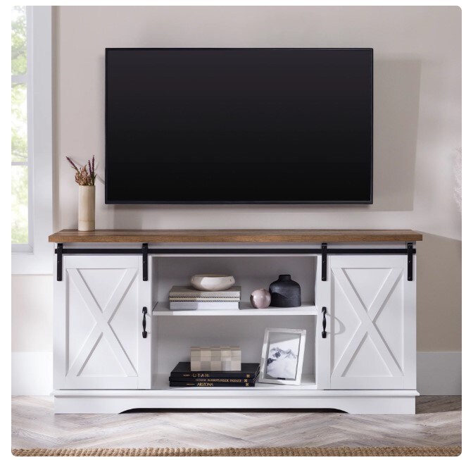 White/Reclaimed Barnwood Farmhouse Sliding Barn Door TV Stand for TVs up to 65&#x22;