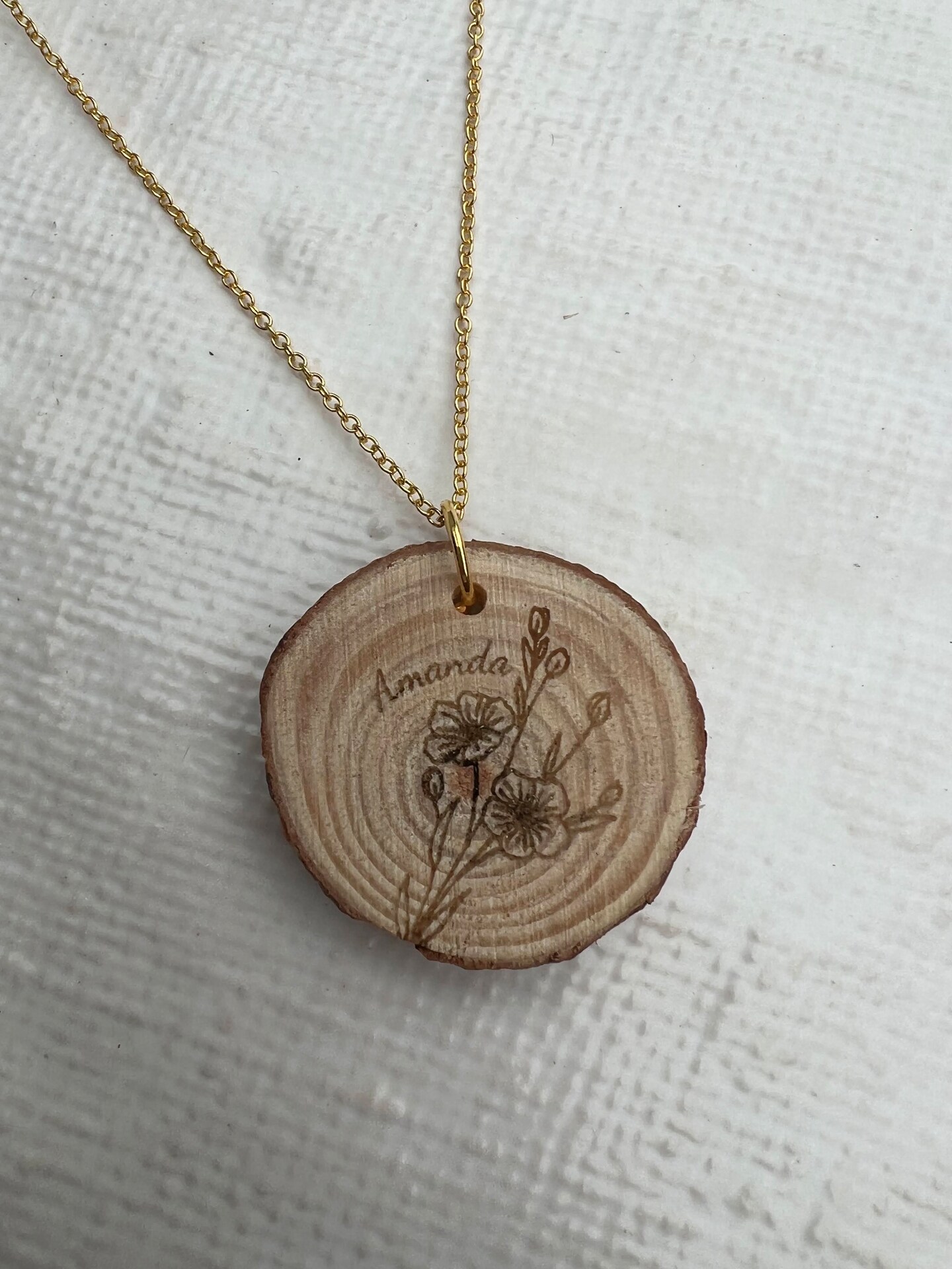 Engraved Wood Necklace Birth Flower Round Disc Circle Rustic Pendant Gold  Silver Personalized Custom Raw Edge MakerPlace by Michaels