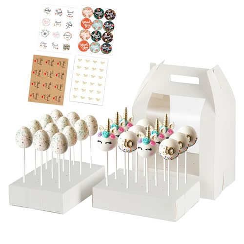 Cake Pop Boxes Packaging, 4 pcs Portable Cake Pop Holder Boxes with 18 Holes Lollipop Display Stand (White)