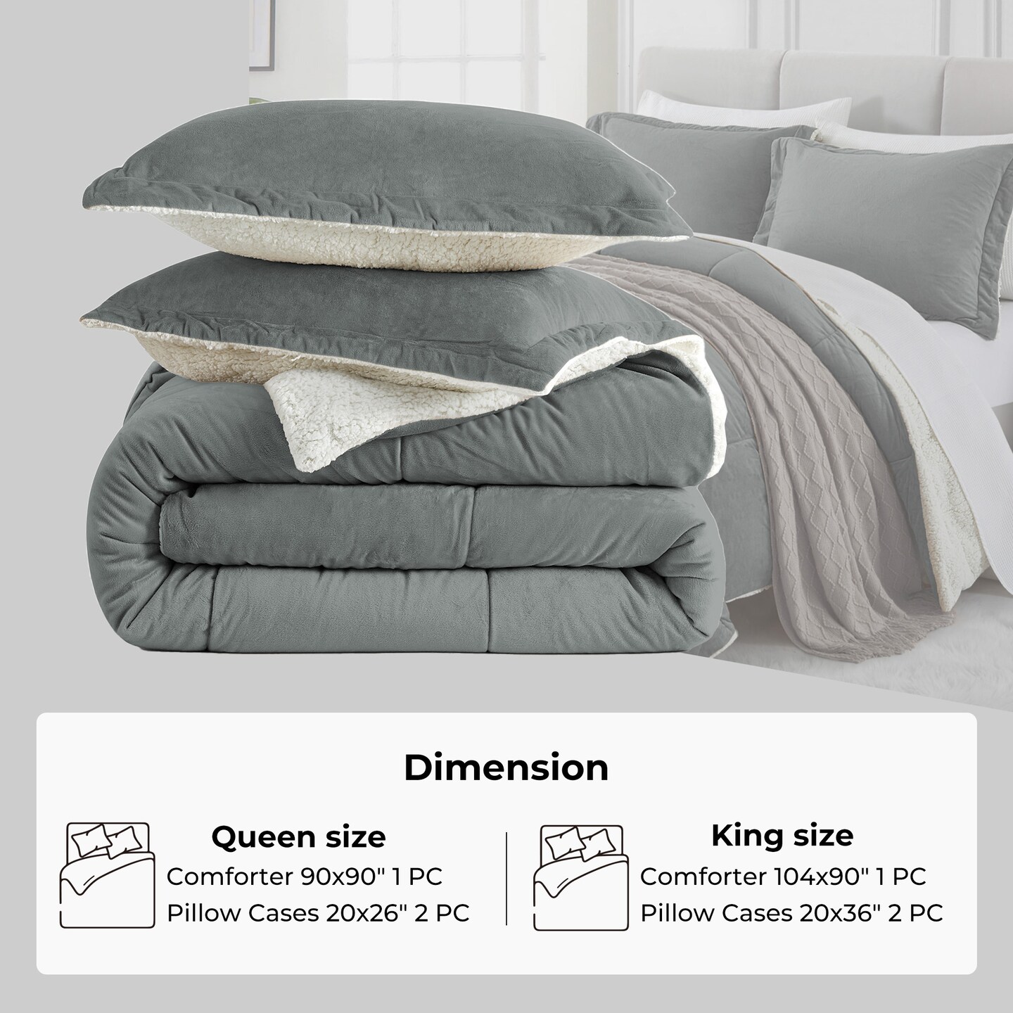 3 Piece Reversible Sherpa Velvet Comforter Set Queen King Size Soft Bedding