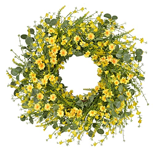 24 inches Artificial Daisy Wreath - Eucalyptus Wreath with Yellow Flower Wreath Spring Summer Wreath for Front Door Wall Decor