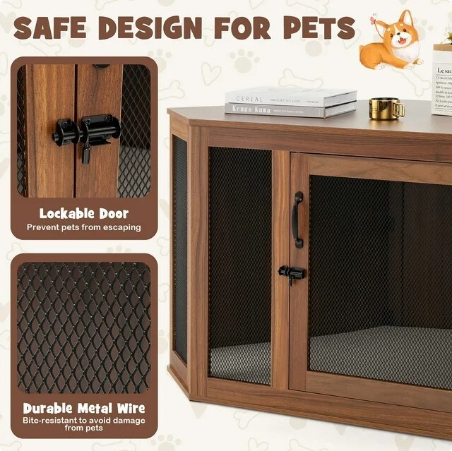 Wooden Corner Dog Crate Furniture Pet Kennel End Table Cage w/ Door &#x26; Mesh