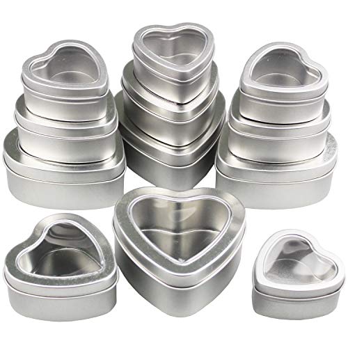 12 Pieces Heart Shaped Empty Metal Tin Cans with Clear Window Lids for Candle Making, Candies, Gifts &#x26; Treasures, Mixed Sizes