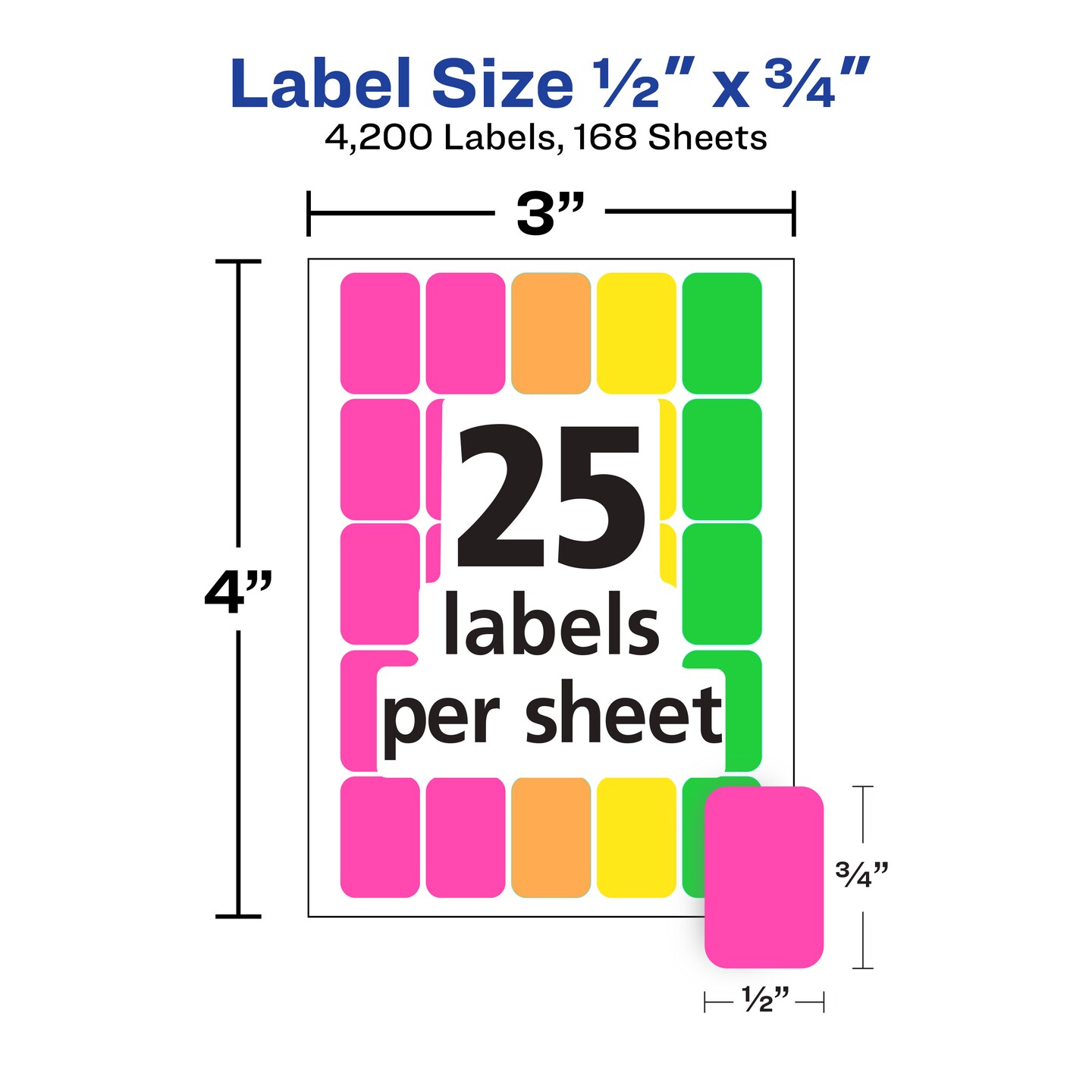 Avery Color-Coding Removable Labels, 1/2&#x22; x 3/4&#x22;, Assorted Neon Colors, Non-Printable, 8 Packs, 4,200 Blank Labels Total (21928)