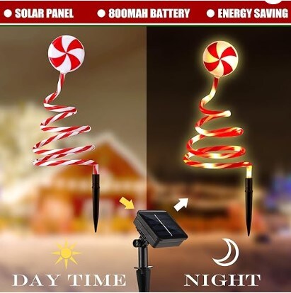 Solar Candy Cane Lights, Solar Lollipop Christmas Pathway Lights Peppermint Flashing Mode Christmas Tree Pathway Stake Lights for Xmas Yard Garden Decoration (13.8 Inch)