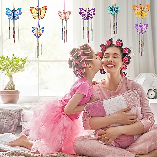 8 Pack 3D Butterfly Wind Chime Kit for Kids Make Your Own Butterfly Wind Chime Wooden Arts and Crafts for Kids Ornaments DIY to Paint Butterfly Craft for Spring Art Activity Birthday Party