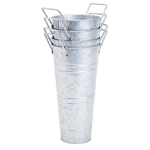 4 Pack 10 Inch Galvanized Flower Buckets with Handles for Rustic-Style Farmhouse Decor, Metal Vases for Planter, Centerpieces, Floral Wedding Arrangements