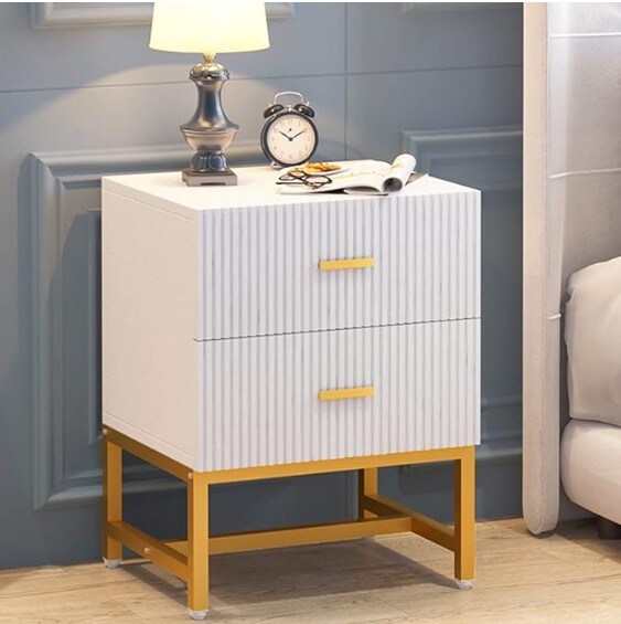Modern Striped Night Stands Bed Side Table with Storage, White and Gold End Table Wood Metal Side Table for Living Room, Bedroom