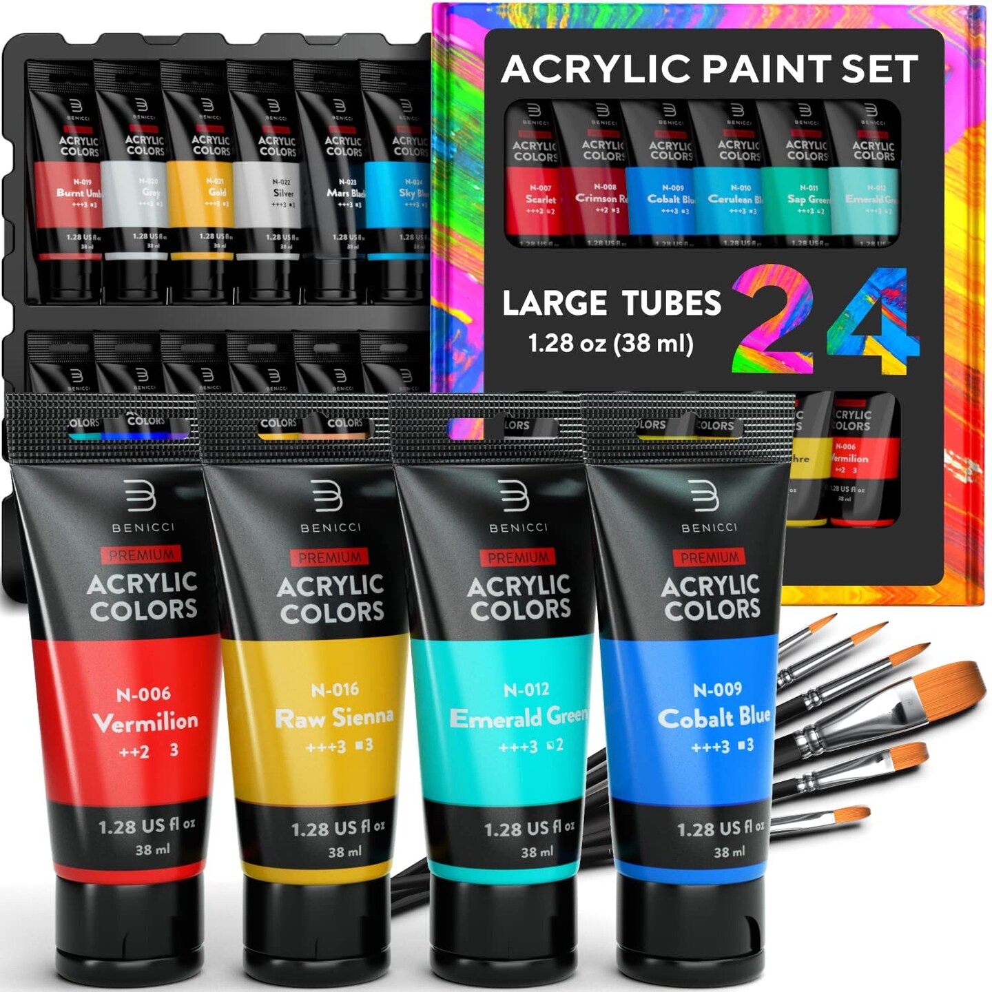 24 Colors Premium Quality Acrylic Paint Set - 1.28oz (38ml) - with 6 Nylon Brushes - Safe for Kids & Adults - Perfect Kit for Beginners, Pros & Artists to Create Amazing Paintings and Artwork