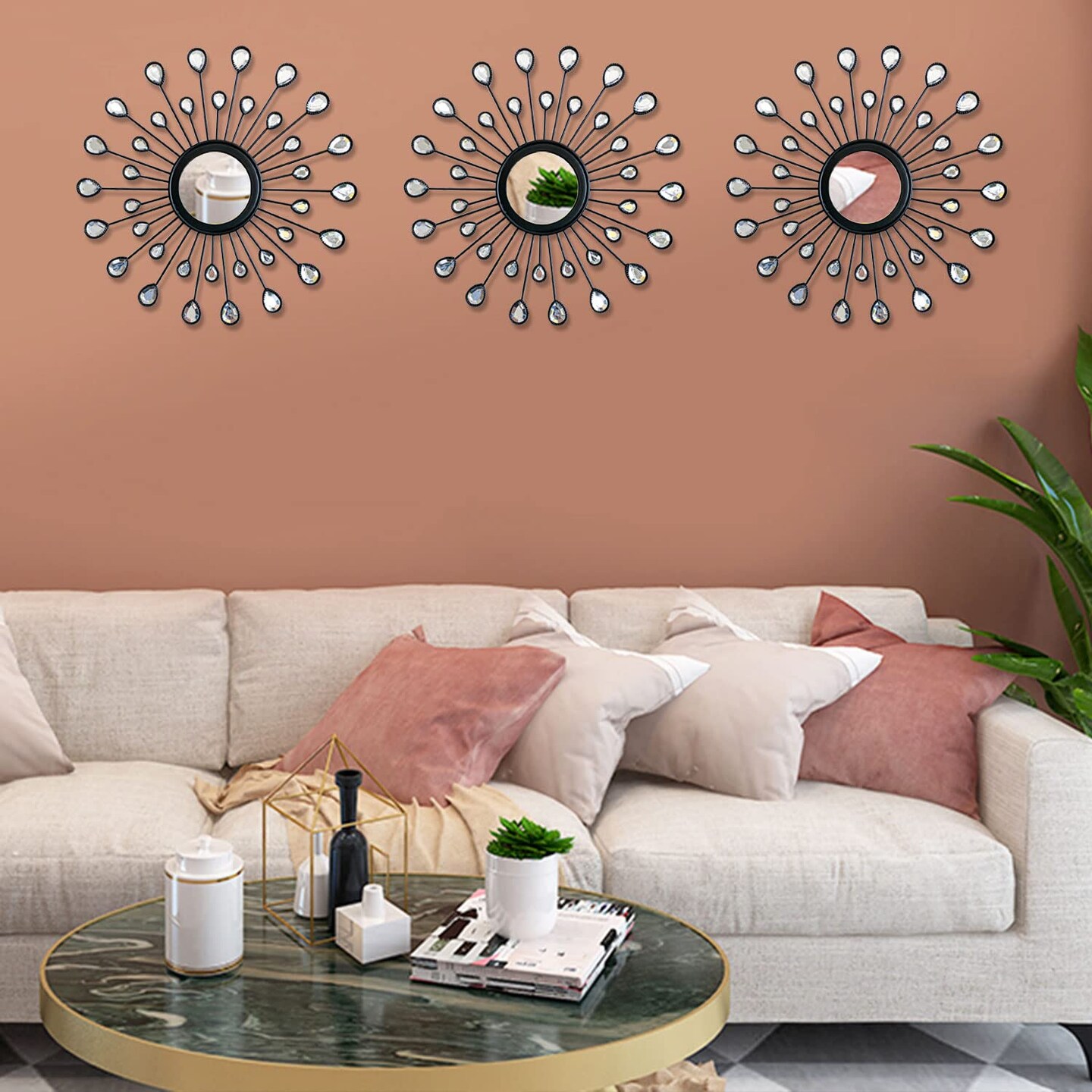 3 Pack Metal Wall Mirrors Rhinestones Starburst Mirror Set Bling Home Decorative Hanging Wall Art for Living Room Bedroom-Water-Drop Burst Black