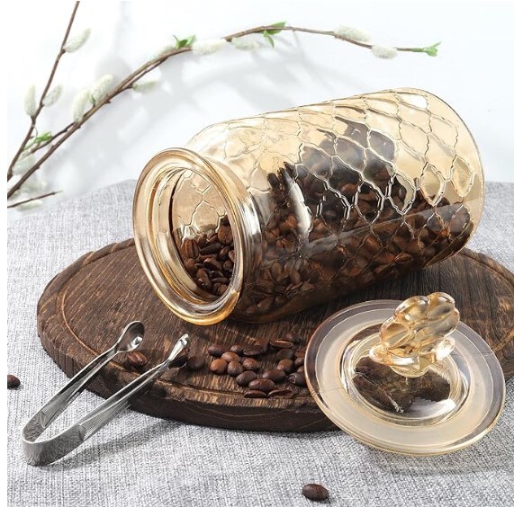 45 oz Amber Glass Storage Jar with Airtight Glass Lids,Vintage Embossed Glass Food Container,Vintage Embossed Glass Food Container,Decorative Kitchen Canister Organizer for Candy, Flour, Coffee Bean, Pet Treats