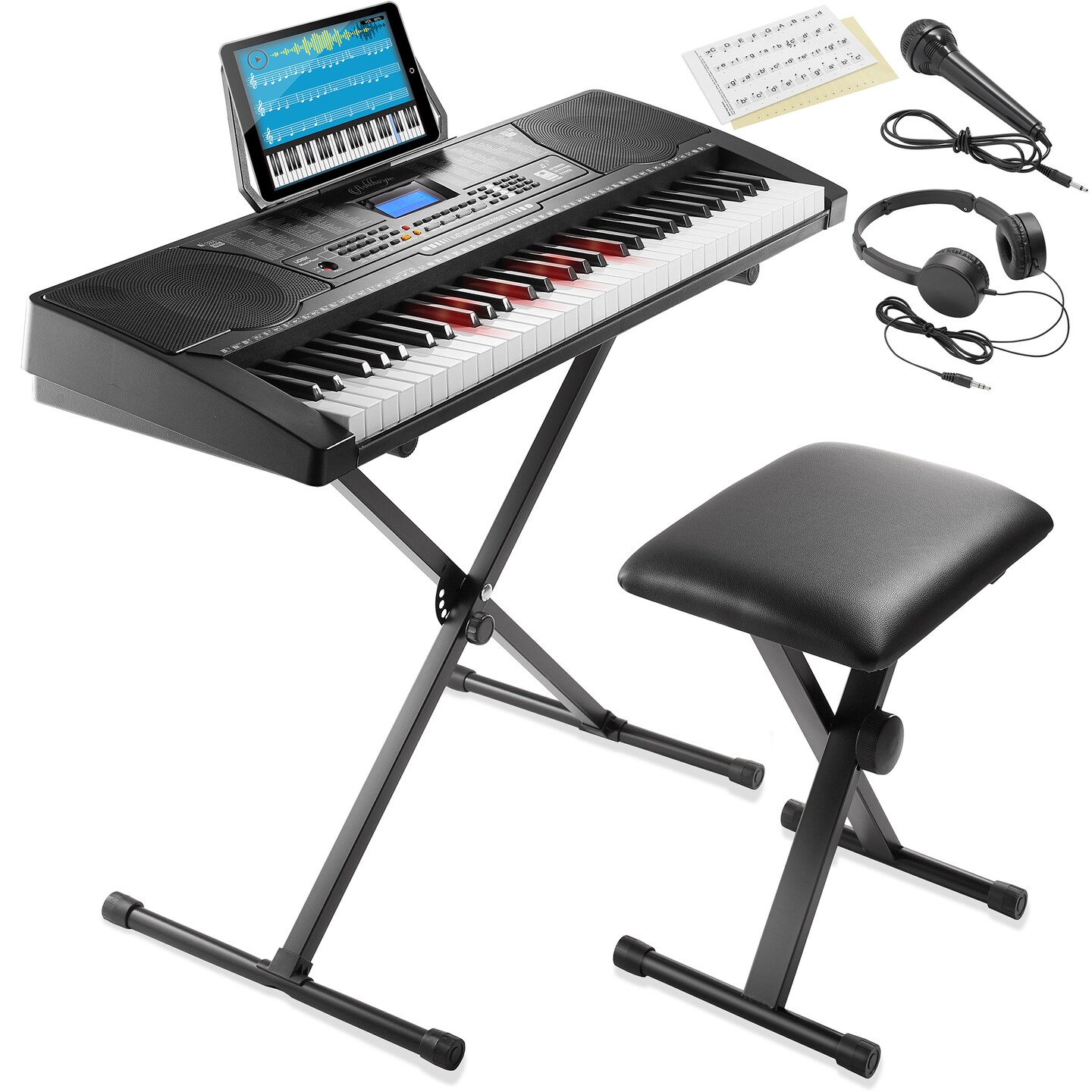 Ashthorpe 61-Key Digital Keyboard Piano with Light Up Keys, Electronic Beginner Piano Kit with Stand, Stool, Headphones, Microphone, and Note Stickers