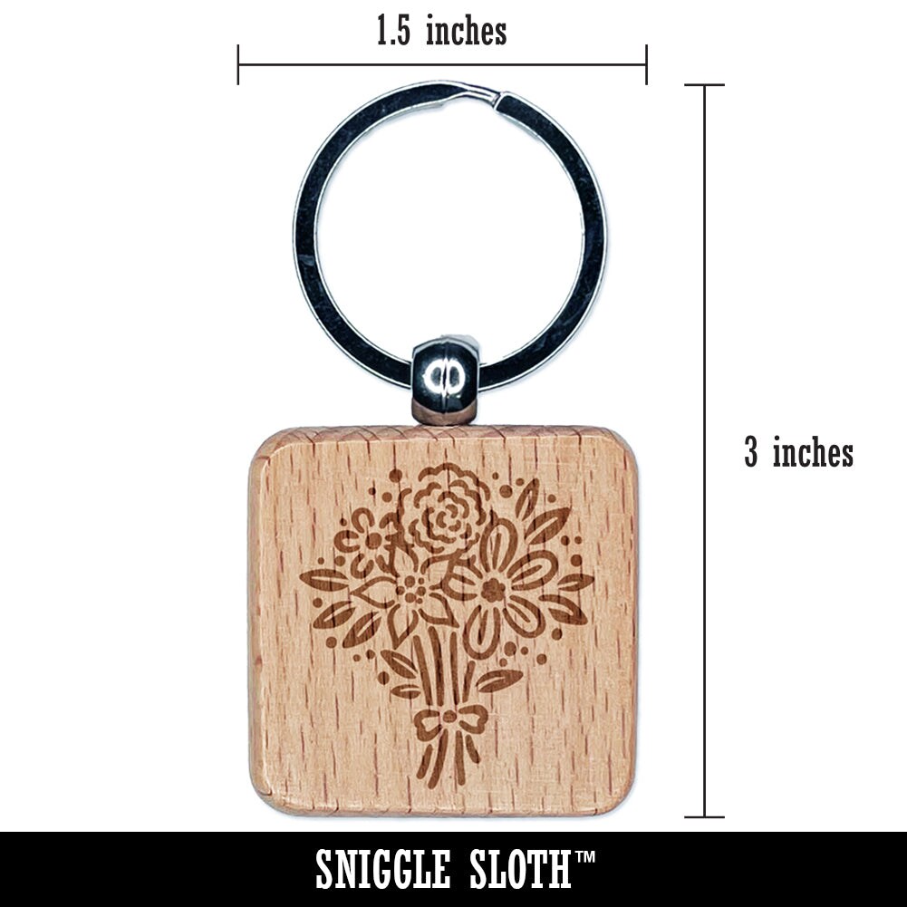 Flower Bouquet Engraved Wood Square Keychain Tag Charm